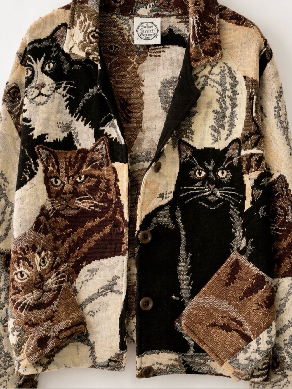 SUGAR STREET WEAVERS Cat Tapestry Knit Cardigan Sweater coat L